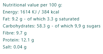 Organic Gluten Free Chocolate & Banana Porridge nutrition facts