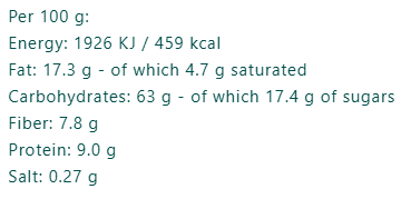 Organic Gluten Free Oat Crunchy nutrition facts